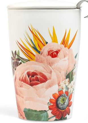 Tea Forte Double-Walled Ceramic Kati Cup, Removable Stainless Steel Infuser Basket and Lid, Steeps 12 oz Loose Leaf Tea, Dishwasher & Microwave Safe, Jubilee