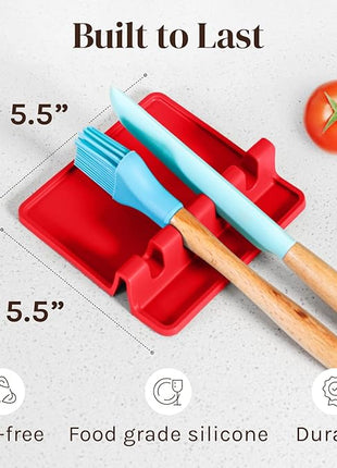 Red Silicone Spoon Rest for Stove Top with Drip Pad (Two Pack) - Heat-Resistant, BPA-Free Utensil Rest & Spoon Holder for Kitchen Counter - Grill Utensil Holder for Spatulas, Tongs, Ladles
