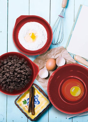 GLAD Mixing Bowls with Pour Spout, Set of 3 | Nesting Design Saves Space | Non-Slip, BPA Free, Dishwasher Safe Plastic | Kitchen Cooking and Baking Supplies, Red