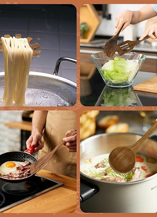 comfoyar Teak Wooden Spoons for Cooking, 7 Pieces Kitchen Cooking Utenails Set with Spatula and Ladle, Heat Resistant Kitchen Cookware for Nonstick Pan