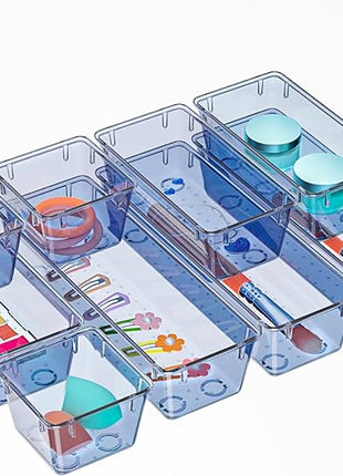 WOWBOX 9 Pack Clear Drawer Organizer Set, Acrylic Drawer Storage Trays, Storage Bins for Makeup, Cosmetics, Jewelries, Utensils, Gadgets, Office, Dark Blue