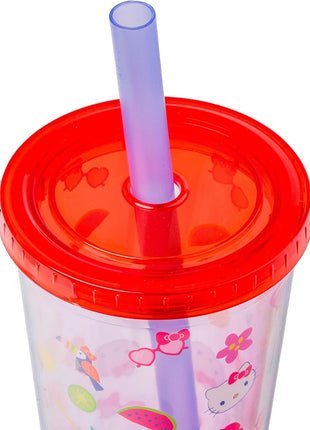 Silver Buffalo Sanrio Hello Kitty Tropical Summer Plastic Boba Tumbler with Lid and Wide Straw, 24 Ounces