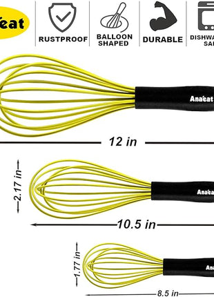 Anaeat Silicone Whisk, Thick Stainless Steel Wire Inner Heat Resistant - Kitchen Whisks for Non-Stick Cookware, Balloon Egg Beater for Whisking, Blending, Beating, Frothing & Stirring (Yellow)