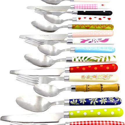 The Original Brink House Eclectic Collection Mix & Match Stainless Steel Cutlery Set with Multicolored Handles / 16 pieces with Metal Stand/Lifestyle utensils for home, apartment, dorm, outdoor