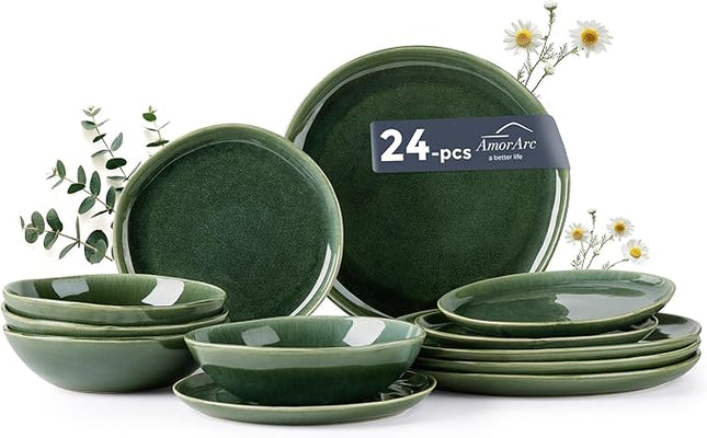 AmorArc Ceramic Dinnerware Sets,Handmade Reactive Glaze Stoneware Plates and Bowls Set,Highly Chip and Crack Resistant | Dishwasher & Microwave Safe Dishes Set,Service for 8 (24pc)