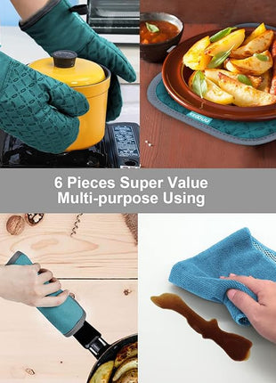 KEGOUU Oven Mitts and Pot Holders 6pcs Set, Kitchen Oven Glove High Heat Resistant 500 Degree Extra Long Oven Mitts and Potholder with Non-Slip Silicone Surface for Cooking (Lake Blue)