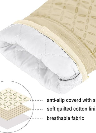 KEGOUU Oven Mitts and Pot Holders 6pcs Set, Kitchen Oven Glove High Heat Resistant 500 Degree Extra Long Oven Mitts and Potholder with Non-Slip Silicone Surface for Cooking (Beige)