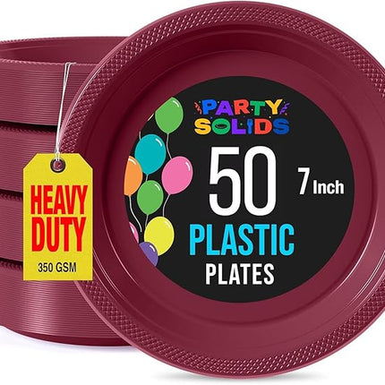 Exquisite Party Solids Burgundy Plastic Plates For Party Supplies 7" Burgundy Disposable Plates Heavy Duty 50 Pcs Plastic Dinnerware Sets Heavy Duty 350 GSM Disposable Dinnerware Set
