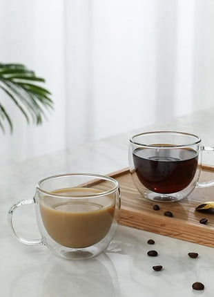 CNGLASS Double Wall Glass Cappuccino Mugs 8.1oz,Clear Insulated Glass Coffee Mug with Handle for Espresso,Latte,Tea,Set of 2
