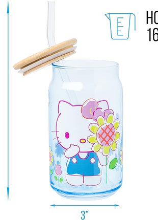 Silver Buffalo Sanrio Hello Kitty Floral Glass Tumbler with Bamboo Lid and Glass Straw, 16 Ounces