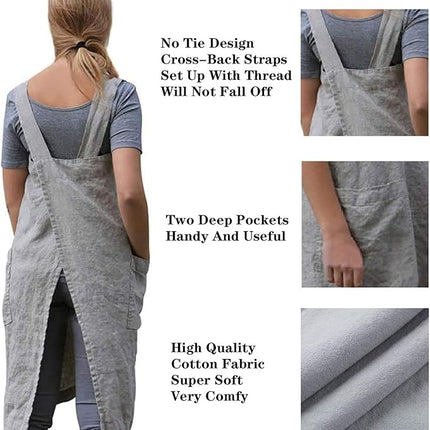 YESDOOD Apron for Womens Cotton Linen Apron Cross Back with Pockets Pinafore Dress for Cooking