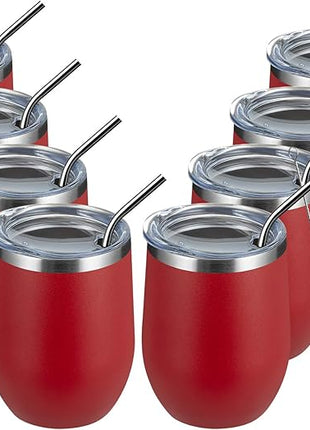 MEWAY 12oz/8 Pack Wine Tumbler Glasses with Lid - Stemless Double Wall Vacuum Stainless Steel Travel Tumbler - Keeping Cold & Hot for Wine,Coffee,Cocktails,Drinks-Family and Gifts (Red,Set of 8)