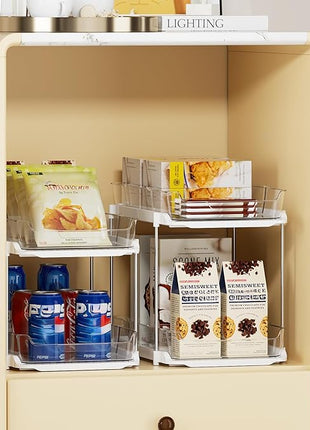 Delamu 4 Pack 2-Tier Bathroom Under Sink Organizers and Storage, Multi-Purpose Stackable Pantry Organization and Storage, Pull Out Clear Kitchen Bathroom Cabinet Organizer with Movable Dividers, White