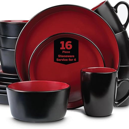 SERVICE FOR 4 - Total of 16 pieces including 8 dinner plates (10”), 4 salad plates (7.5”), 4 bowls (5.75”), and 4 mugs (12 oz), making it the perfect set to service 4 people