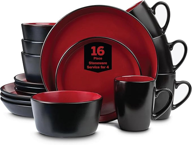 SERVICE FOR 4 - Total of 16 pieces including 8 dinner plates (10”), 4 salad plates (7.5”), 4 bowls (5.75”), and 4 mugs (12 oz), making it the perfect set to service 4 people
