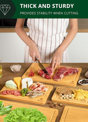 ROYAL CRAFT WOOD Wooden Cutting Boards for Kitchen Meal Prep & Serving - Bamboo Wood Serving Board Set with Deep Juice Groove Side Handles - Charcuterie & Chopping Butcher Block for Meat