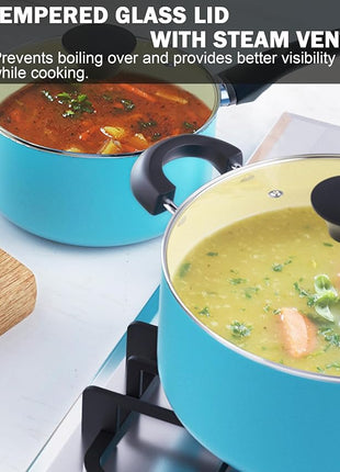 Cook N Home 10-Piece Ceramic Nonstick Cookware Set - Pots, Pans, Dutch Oven, Saucepans, Frying Pans and Lids - Turquoise