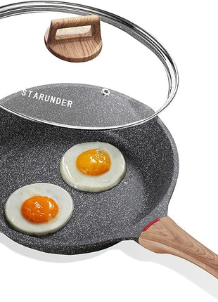 Induction Nonstick Skillet Frying Pan With Lid,Swiss Granite Omelette Pan, Scratch-Resistant Safe Cookware Set，PFOA Free(8 inch)