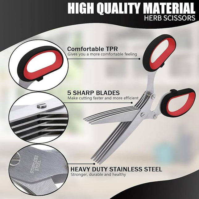 LHS Herb Scissors, Multipurpose 5 Blade Kitchen Herb Shears with Safety Cover, Kitchen Scissors for Chopping Basil Chive Parsley -Black