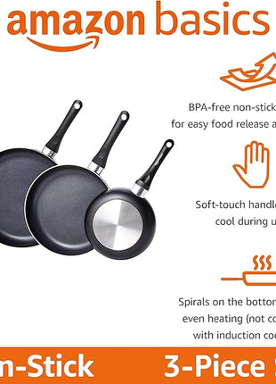 Amazon Basics Non Stick 3-Piece Kitchen Cookware Set, Includes 8-inch, 10-inch, 12-inch Pan, Black