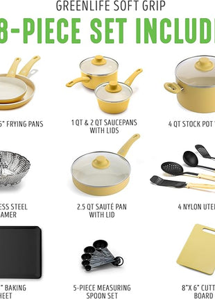 GreenLife Soft Grip Healthy Ceramic Nonstick 18 Piece Kitchen Cookware Pots and Frying Sauce Saute Pans Set, PFAS-Free with Kitchen Utensils and Lid, Dishwasher Safe, Yellow