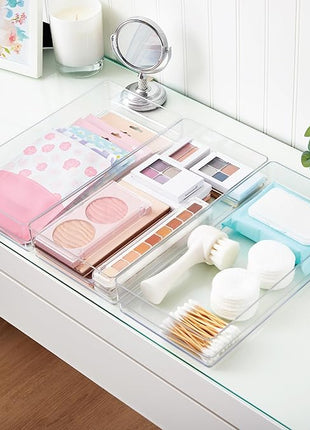 STORi SimpleSort 3-Piece Stackable Clear Drawer Organizer Set | 12" x 6" x 2" Rectangle Trays | Wide Makeup Vanity Storage Bins and Office Desk Drawer Dividers | Made in USA