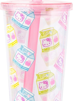 Silver Buffalo Sanrio Hello Kitty Milk Carton Pattern Plastic Boba Tumbler w Lid and Wide Straw, 24 Ounces
