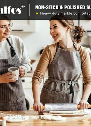 Walfos Marble Rolling Pin With Wooden Handles & Wood Cradle, 16.5 Inch Marble Rolling Pins For Making Pizza Dough And Tortillas, Dough Roller For Pie Crust, Cookie, Pasta (Gray & White)