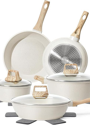 12 Pcs Pots and Pans Set, Nonstick Cookware Sets White Granite Induction Cookware, Non-toxic Healthy Non Stick Kitchen Cooking Set with Frying Pans Set, Saucepans,Steamer (PFAS, PFOA, PFOS Free)