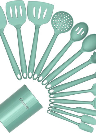 Coukre Silicone Kitchen Cooking Utensils Set with Holder – Heat-Resistant, Food-Grade Kitchen Tools, Spatula, Spoon & Gadgets for Non-Stick Pans, Dishwasher Safe (14, PureAquaGreen)
