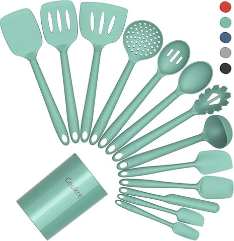 Coukre Silicone Kitchen Cooking Utensils Set with Holder – Heat-Resistant, Food-Grade Kitchen Tools, Spatula, Spoon & Gadgets for Non-Stick Pans, Dishwasher Safe (14, PureAquaGreen)