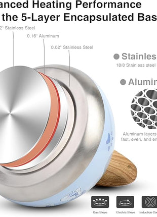 Tea Kettle, Toptier Teapot Whistling Kettle with Wood Pattern Handle Loud Whistle, Food Grade Stainless Steel Tea Pot for Stovetops Induction Water Kettle, 2.7-Quart Blue Cat