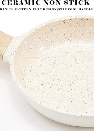 Non Stick Pots and Pans Set Ceramic Cookware Set with Granite Dot, 3pcs Kitchen Cooking Sets Frying Pan Saucepan, No PTFE, No PFAS, Bright Cream