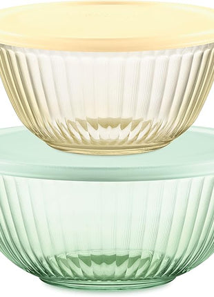 Pyrex Colors Tinted 4-PC, Small/Medium Glass Mixing Bowls With Lids, Nesting Space Saving Set of Bowls For Prepping and Baking, 1.3QT & 2.3QT