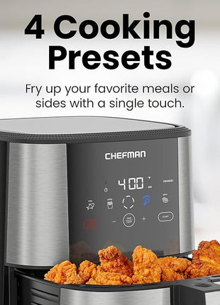 Chefman TurboFry Touch Air Fryer, Large 5-Quart Family Size, One Touch Digital Control Presets, French Fries, Chicken, Meat, Fish, Nonstick Dishwasher-Safe Parts, Automatic Shutoff, Stainless Steel