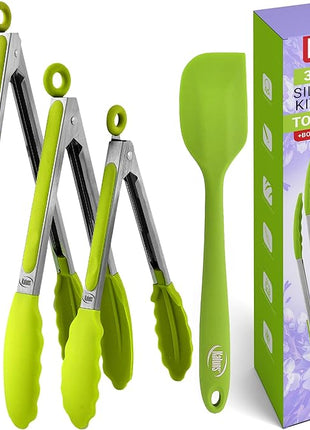 Kaluns Kitchen Tongs for Cooking Grilling Set of 4, BBQ Grill Tongs With Silicone Tip Stainless Steel Heat Resistant, Non-stick Pull Lock, Incl 7, 9, 12 Inch Tong Plus a Silicone Spatula