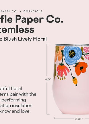 Corkcicle Stemless Insulated Wine Glass Tumbler - Keeps Beverages Cold 6 Hrs Hot 3 Hrs - Stainless Steel - Easy-Grip - Gift for Mom - Great for Mother's Day or Christmas - 12 oz - Blush Lively Floral