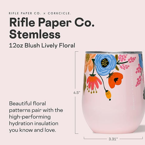 Corkcicle Stemless Insulated Wine Glass Tumbler - Keeps Beverages Cold 6 Hrs Hot 3 Hrs - Stainless Steel - Easy-Grip - Gift for Mom - Great for Mother's Day or Christmas - 12 oz - Blush Lively Floral