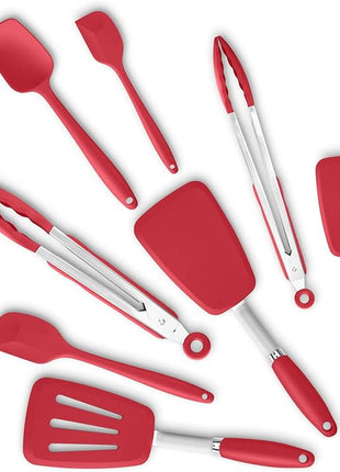 Silicone Spatulas Set Turners Tongs Cooking Utensils Set High Heat Resistant Kitchen Scraper Spatulas for Cooking Mixing Baking BPA Free Dishwasher Safe, Red