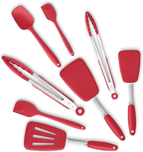 Silicone Spatulas Set Turners Tongs Cooking Utensils Set High Heat Resistant Kitchen Scraper Spatulas for Cooking Mixing Baking BPA Free Dishwasher Safe, Red