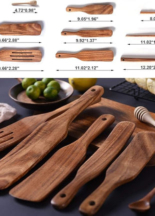 Spurtle Set,Wooden Spurtle Set of 9,Wooden Spoons for Cooking, Natural Teak Wooden Utensils for Cooking, Stirring, Mixing, Serving,Spurtles Kitchen Tools As Seen On Tv