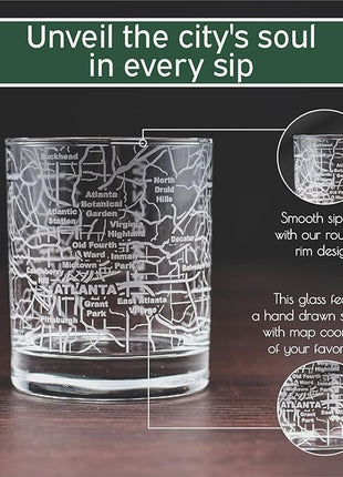 Greenline Goods Whiskey Glasses - 10 Oz Tumbler Gift Set for Atlanta lovers, Etched with Atlanta Map | Old Fashioned Rocks Glass - Set of 2