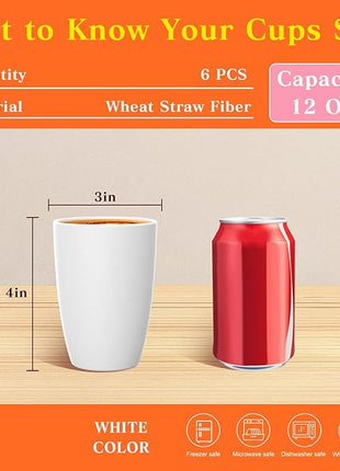 Homienly Wheat Straw Drinking Glasses, 12 OZ Alternative to Plastic Cups Set of 6, Reusable Drinking Cups for Kitchen, Outdoor, Unbreakable Lightweight Water Tumblers, Dishwasher Safe Cup Set(White)