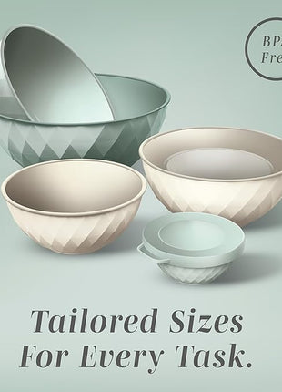 COOK WITH COLOR Mixing Bowls with Lids - 12 Piece Plastic Nesting Bowls Set includes 6 Prep Bowls and 6 Lids, Diamond Design - Microwave Safe, Mint