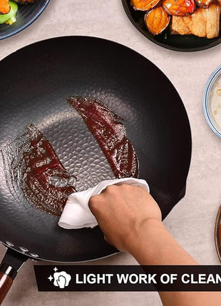 12.8" Carbon Steel Wok-11Pcs Woks & Stir Fry Pans Wok Pan with Lid, No Chemical Coated Chinese Woks with 10 Cookware Accessories, Flat Bottom Wok for Electric, Induction,Gas Stoves