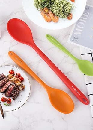 3 Pcs Silicone Spoons Set of 7.9 10.6 14.2 inch for Cooking, Heat Resistant Kitchen Spoons for Mixing, Stirring, and Serving, Small to Large Non Stick (Red & Orange & Green)