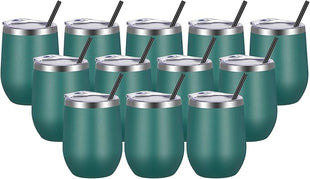 VEGOND Wine Tumblers Bulk 12 Pack, 12oz Stainless Steel Stemless Wine Glass with Lids and Straws, Double Wall Vacuum Insulated Tumbler Cup, Coffee Mug for Cold Hot Drinks