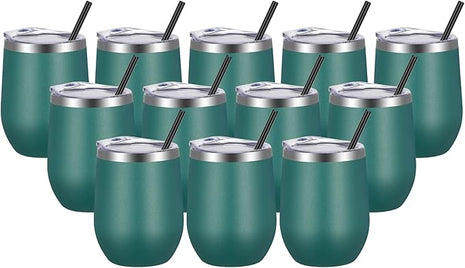 VEGOND Wine Tumblers Bulk 12 Pack, 12oz Stainless Steel Stemless Wine Glass with Lids and Straws, Double Wall Vacuum Insulated Tumbler Cup, Coffee Mug for Cold Hot Drinks