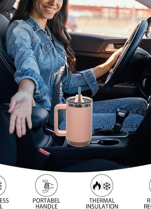 40 oz Tumbler with Handle,Tumbler with Lid and Straw,Double Wall Insulated Cup Stainless Steel Travel Mug(Cold for 34 Hours),Water Bottle for Iced Tea,Coffee,Cold Beverages(Pink)