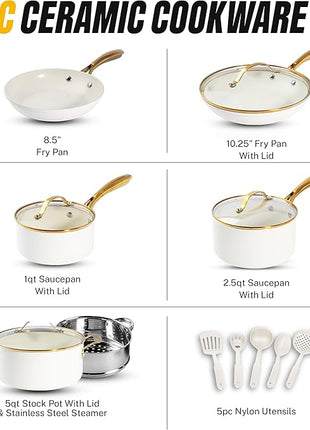 GOTHAM STEEL 15 Pc Ceramic Cookware Set, Ceramic Pots and Pans Set Non Stick with Cooking Utensils and Steamer, Non Toxic PFOA PFOS Free, Premium Gold Stay Cool Handles, Oven & Dishwasher Safe